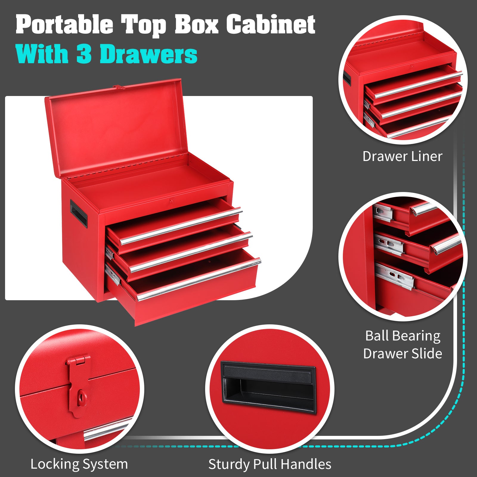 4 Drawer Cabinet With Lock, 330lb Steel, Service Tool Cart Red