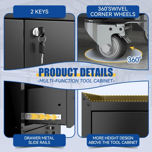 2 Door X 1 Drawer Tool Cabinets For Garage, Lockable Garage Storage Cabinet, Locking Metal Storage Cabinet With Wheels, Rolling Tool Chest, Assembly Required H35.4 W30.3xD18
