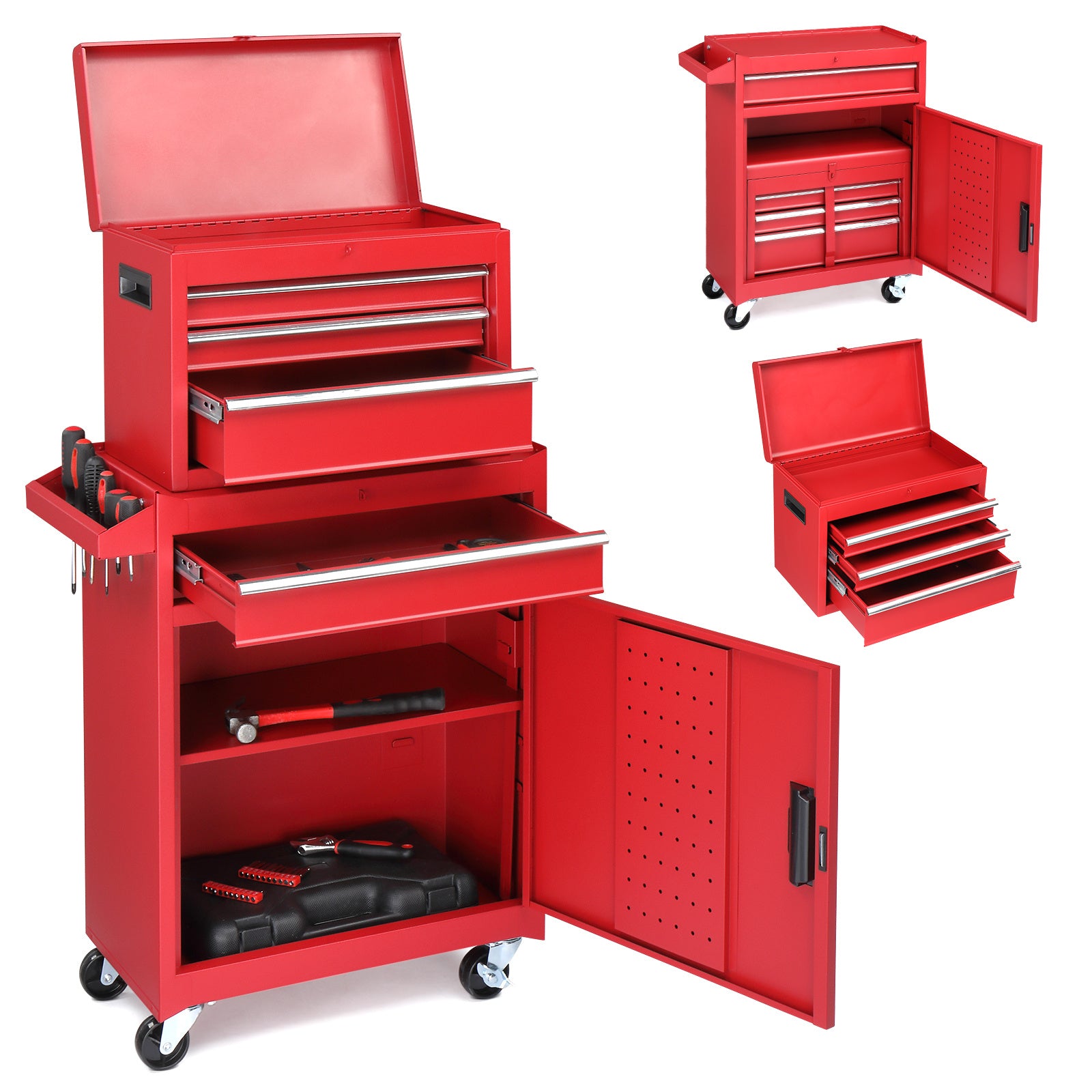 4 Drawer Cabinet With Lock, 330lb Steel, Service Tool Cart Red