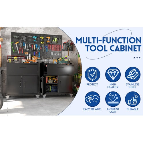 2 Door X 1 Drawer Tool Cabinets For Garage, Lockable Garage Storage Cabinet, Locking Metal Storage Cabinet With Wheels, Rolling Tool Chest, Assembly Required H35.4 W30.3xD18