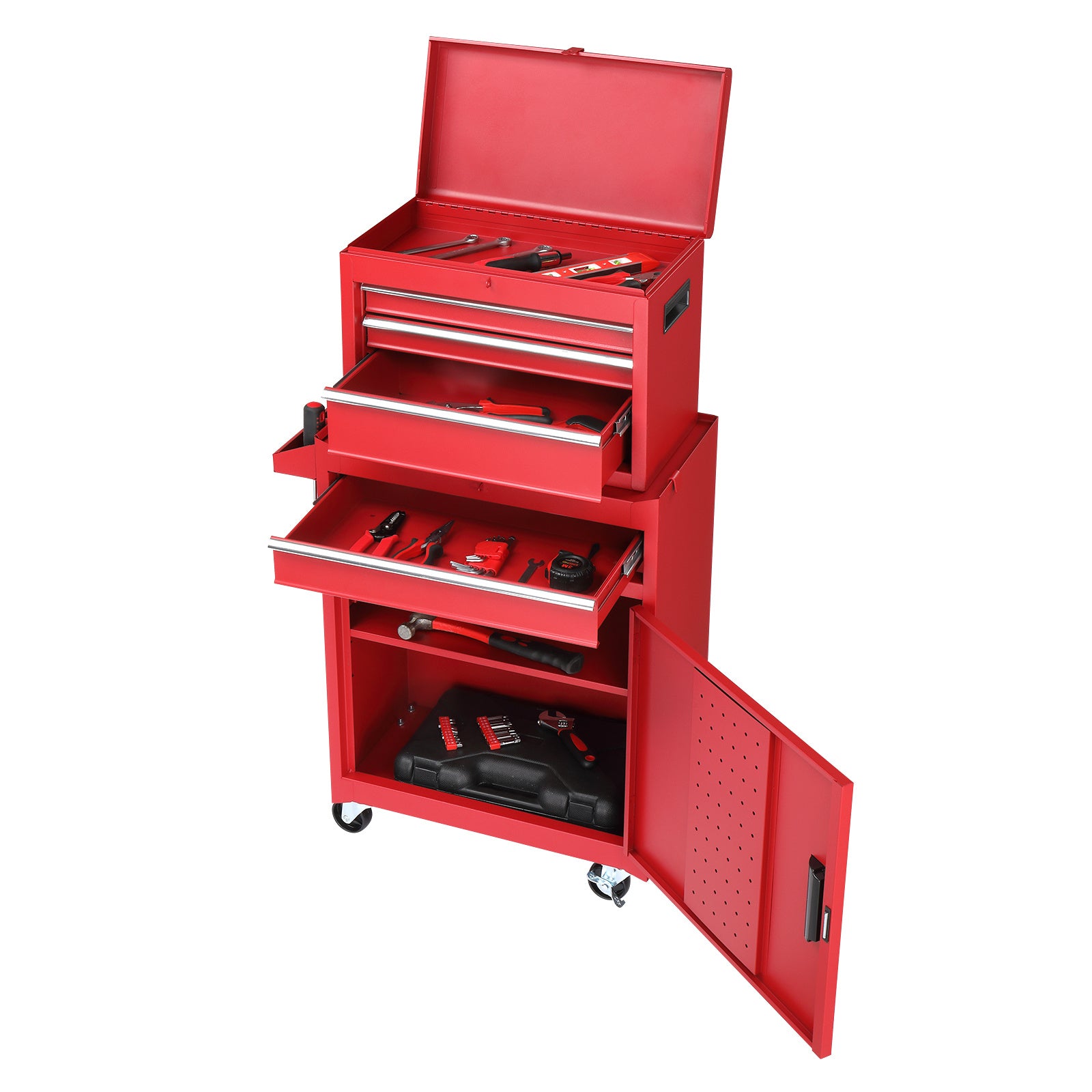 4 Drawer Cabinet With Lock, 330lb Steel, Service Tool Cart Red