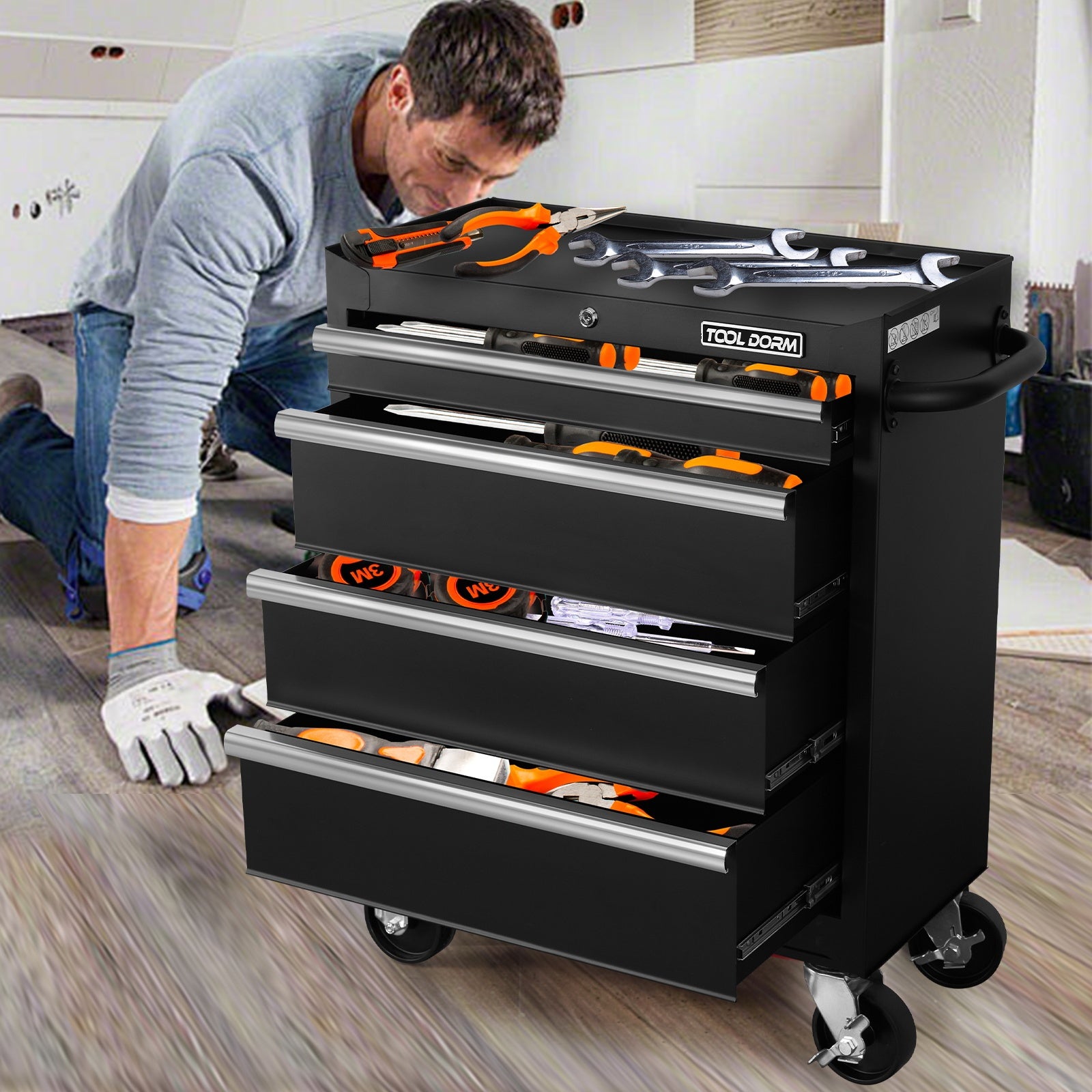 Tool Storage Cabinet And Cart 27Inch Metal Tool Cabinet With 4 Drawer,Rolling Wheel, Ball Bearing Sliders, Black Powder Coating, Suitable For Garage, Warehouse, Workshop