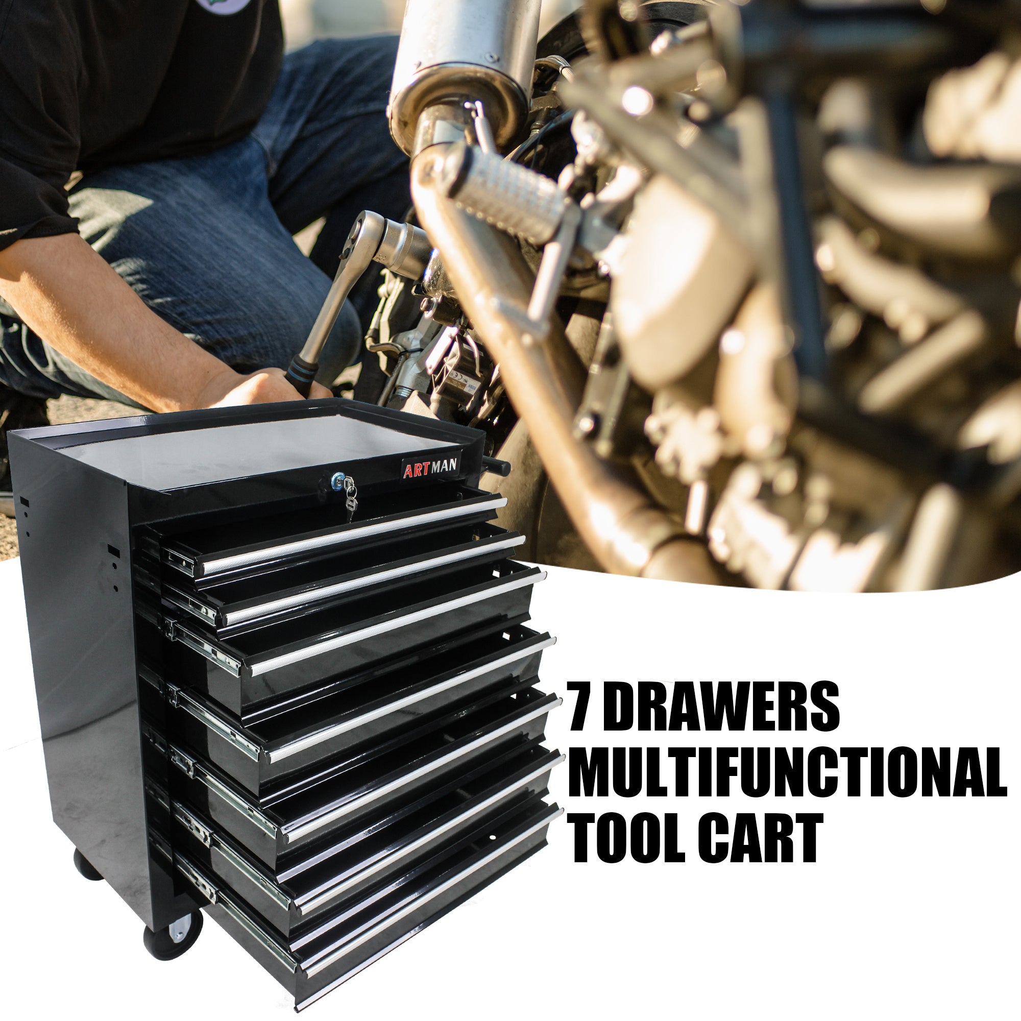 7 Drawer Multi-Tool Cart With Wheels - Black