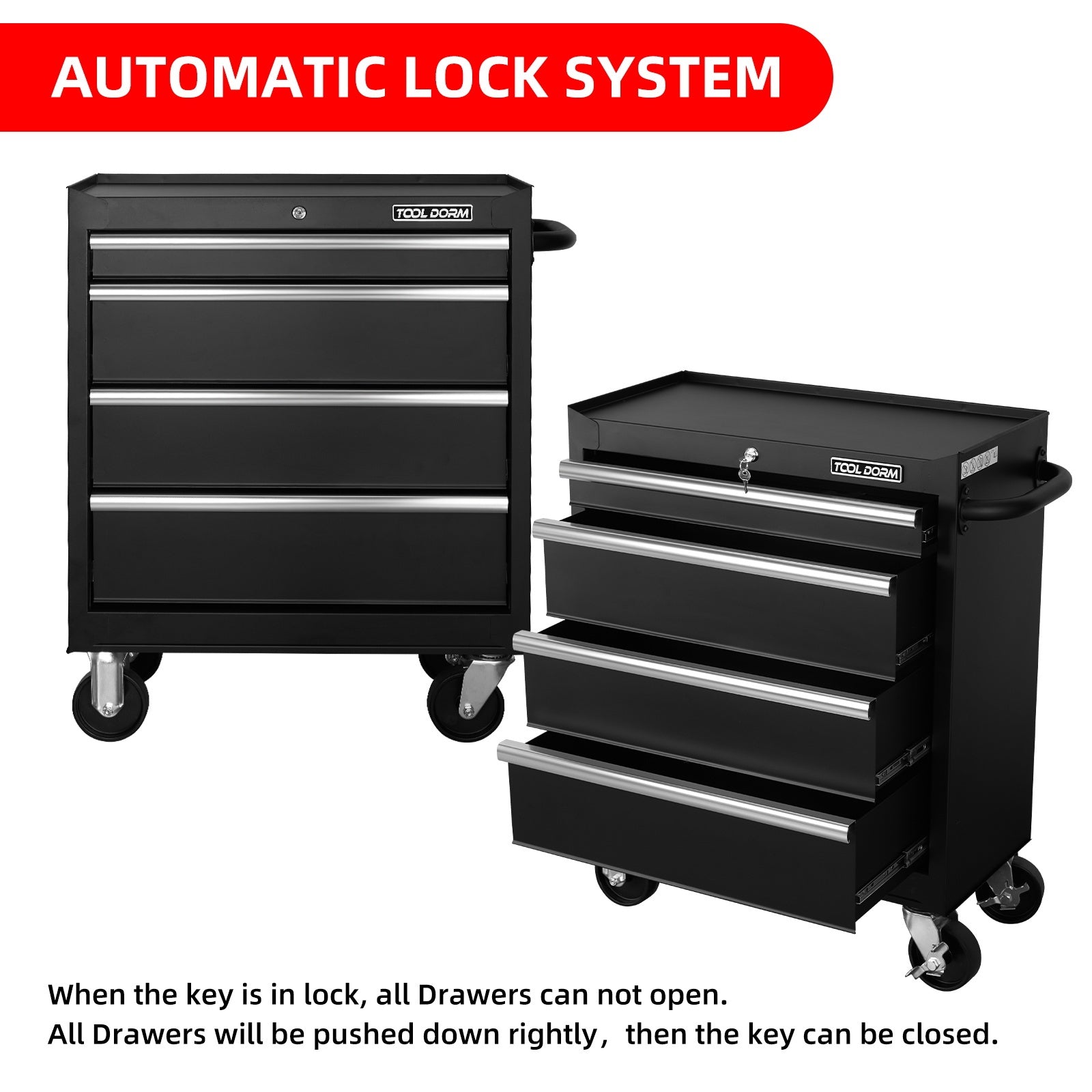 Tool Storage Cabinet And Cart 27Inch Metal Tool Cabinet With 4 Drawer,Rolling Wheel, Ball Bearing Sliders, Black Powder Coating, Suitable For Garage, Warehouse, Workshop