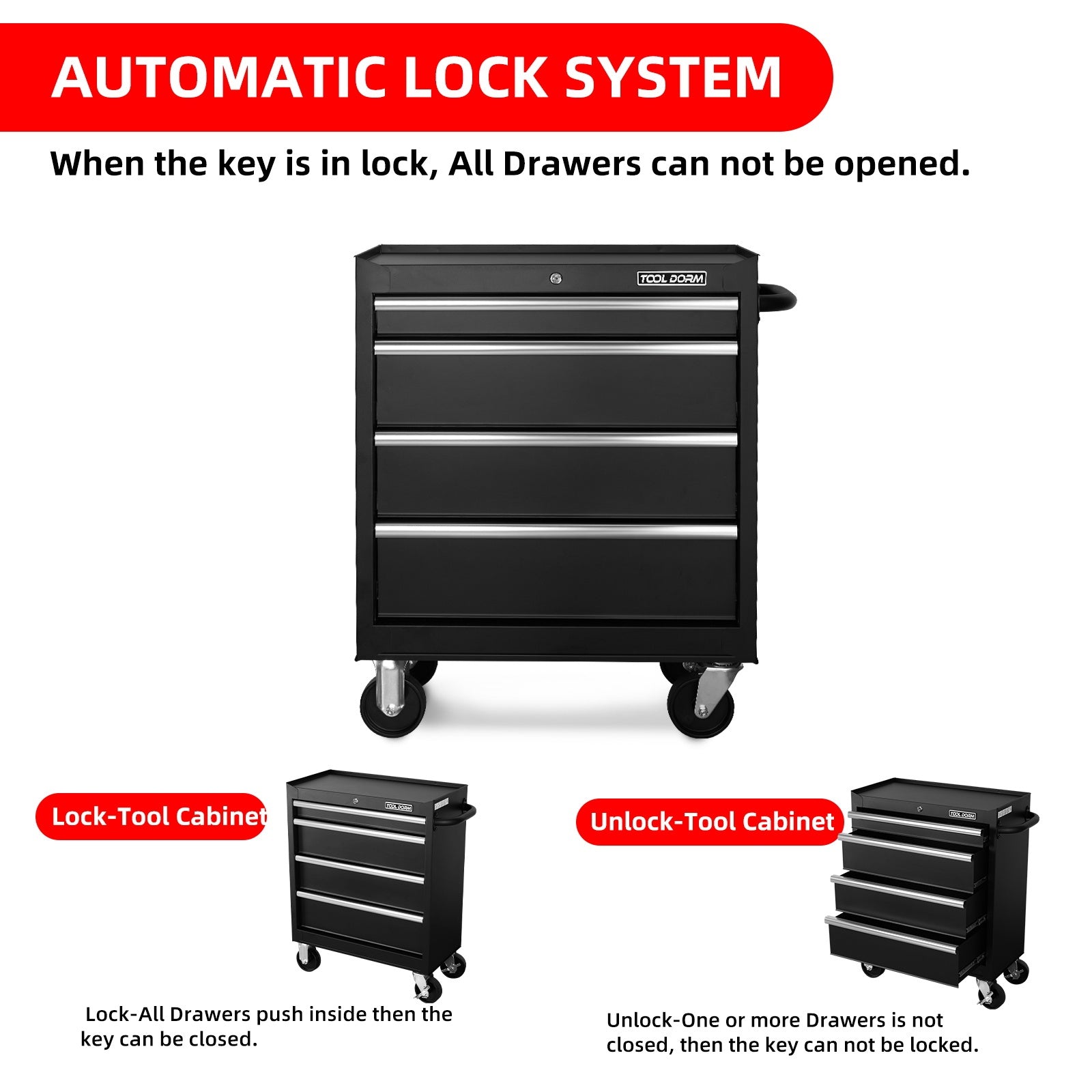 Tool Storage Cabinet And Cart 27Inch Metal Tool Cabinet With 4 Drawer,Rolling Wheel, Ball Bearing Sliders, Black Powder Coating, Suitable For Garage, Warehouse, Workshop