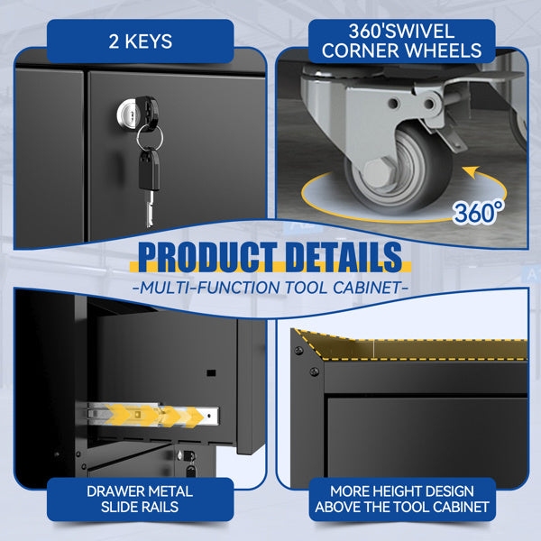 1-drawer Garage Tool Cabinet, Lockable Garage Storage Cabinet, Lockable Metal Storage Cabinet With Wheels, Rolling Toolbox