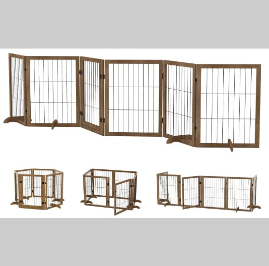 Dog Gate With Door Walk Through 144 Extra Wide 32 Tall 6 Panels Foldable Wire Pet Gate Barrier For House Doorway Stairs Pet Puppy Safety Fence Support Feet Included Solid Hard Wood