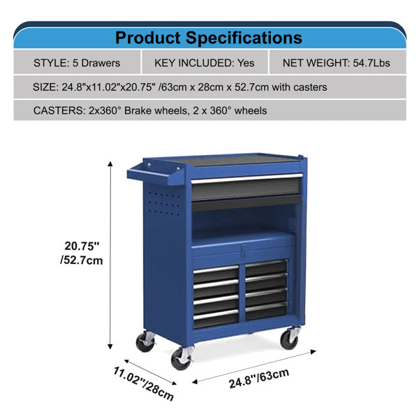 Toolbox, 5-drawer Rolling Tool Storage Cabinet With Enhanced Packaging, Detachable Top Toolbox, Suitable For Metal Tool Carts In Garage Workshops