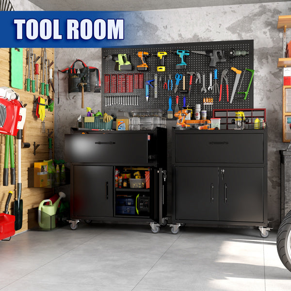 1-drawer Garage Tool Cabinet, Lockable Garage Storage Cabinet, Lockable Metal Storage Cabinet With Wheels, Rolling Toolbox