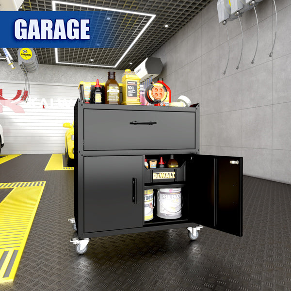 1-drawer Garage Tool Cabinet, Lockable Garage Storage Cabinet, Lockable Metal Storage Cabinet With Wheels, Rolling Toolbox