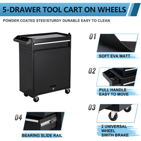 Tool Box, 5 Drawer Rolling Tool Storage Cabinet With Reinforced Packaging, Removable Top Tool Box, Metal Tool Cart For Garage Workshop, Black