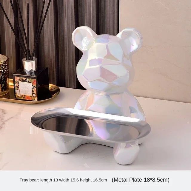 Geometric Bear Statue with Tray Storage