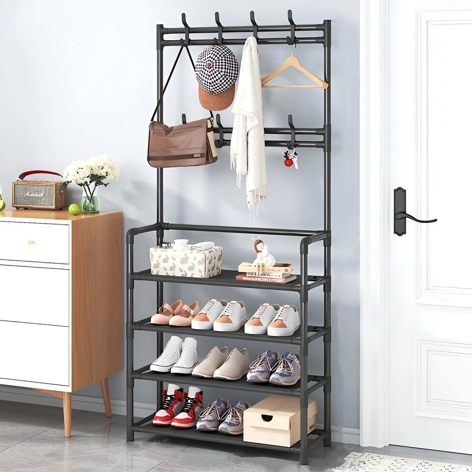 Multipurpose Coat & Shoe Rack with Hooks