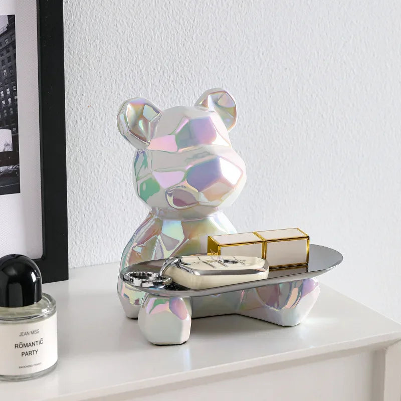 Geometric Bear Statue with Tray Storage