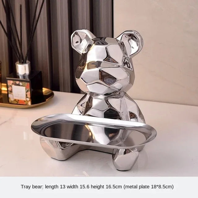 Geometric Bear Statue with Tray Storage