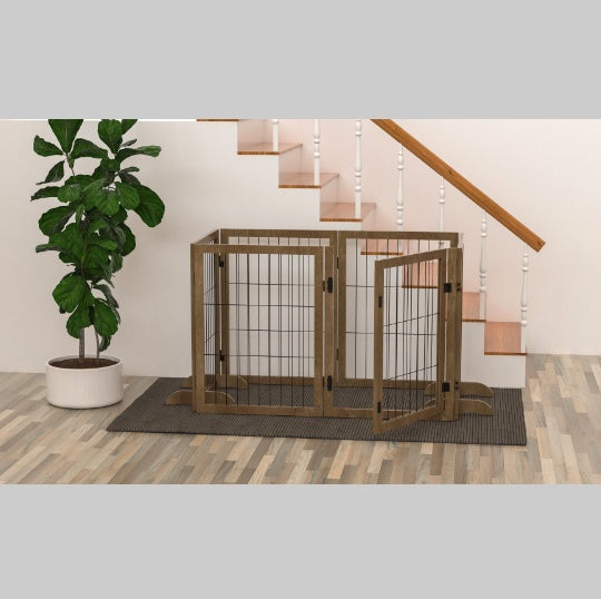 Dog Gate With Door Walk Through 144 Extra Wide 32 Tall 6 Panels Foldable Wire Pet Gate Barrier For House Doorway Stairs Pet Puppy Safety Fence Support Feet Included Solid Hard Wood