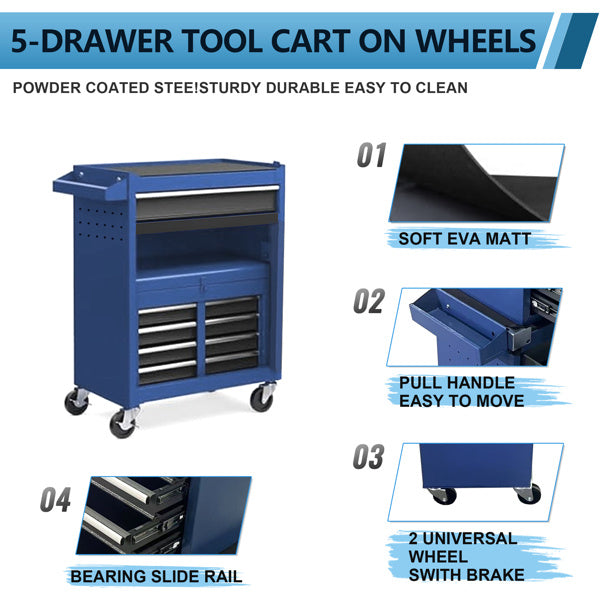 Toolbox, 5-drawer Rolling Tool Storage Cabinet With Enhanced Packaging, Detachable Top Toolbox, Suitable For Metal Tool Carts In Garage Workshops
