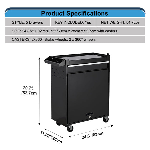 Tool Box, 5 Drawer Rolling Tool Storage Cabinet With Reinforced Packaging, Removable Top Tool Box, Metal Tool Cart For Garage Workshop, Black