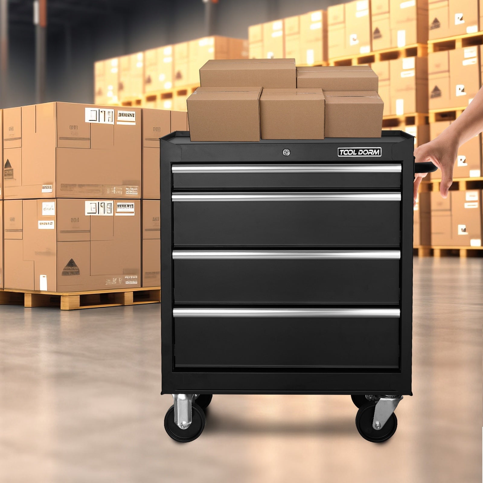 Tool Storage Cabinet And Cart 27Inch Metal Tool Cabinet With 4 Drawer,Rolling Wheel, Ball Bearing Sliders, Black Powder Coating, Suitable For Garage, Warehouse, Workshop