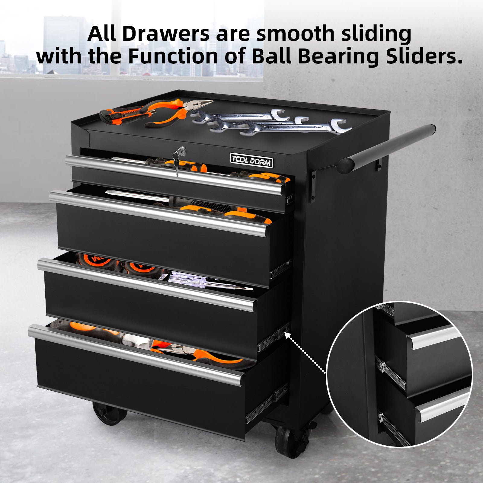 Tool Storage Cabinet And Cart 27Inch Metal Tool Cabinet With 4 Drawer,Rolling Wheel, Ball Bearing Sliders, Black Powder Coating, Suitable For Garage, Warehouse, Workshop