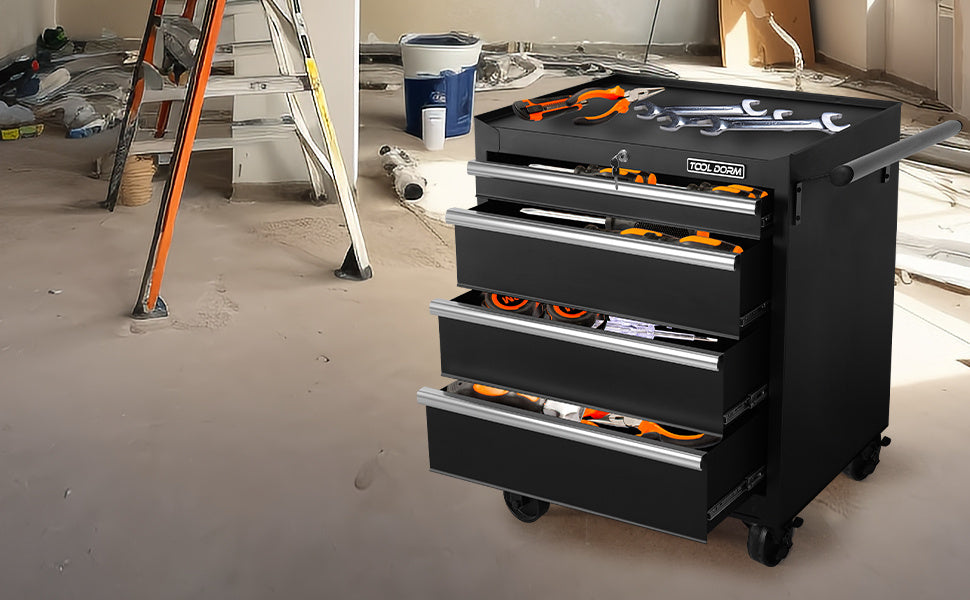 Tool Storage Cabinet And Cart 27Inch Metal Tool Cabinet With 4 Drawer,Rolling Wheel, Ball Bearing Sliders, Black Powder Coating, Suitable For Garage, Warehouse, Workshop